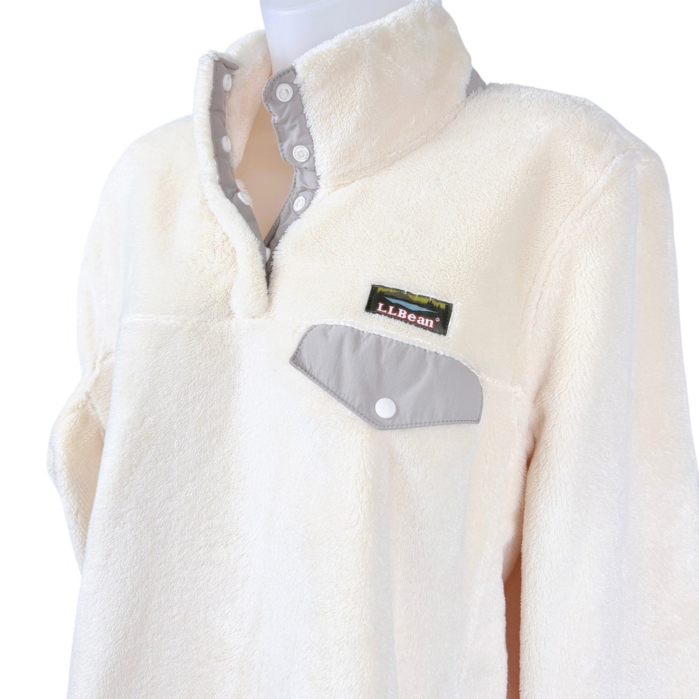 L.L.Bean Hi-Pile Fleece Pullover Women XL Ivory Cream Snap Kangaroo Outdoor